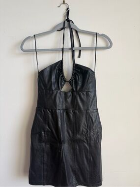 Olivaceous Black Faux Leather Halter Mini Dress